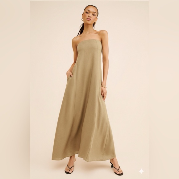 WeWoreWhat Dresses & Skirts - WeWoreWhat Revolve Tan Linen Blend A-Line Midi Strapless in SAFARI Pockets! Med